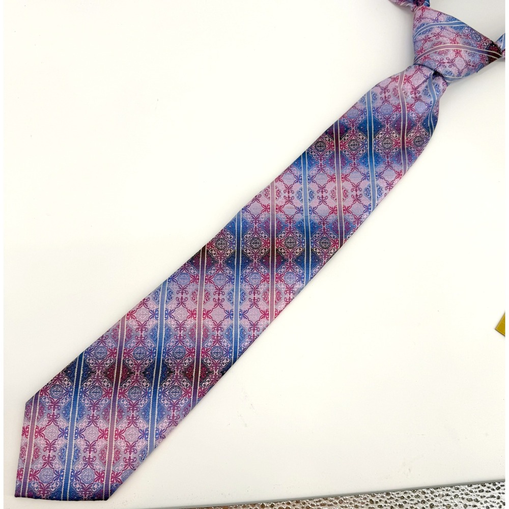 Stacy Adams Men's Handmakde Tie Geometric Pattern in Pin  Purple Blulack